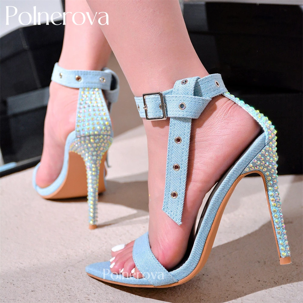 

Punk Light Blue Denim Sandals Belt Ankle Buckle Summer Shoes Shiny Rhinestone Stiletto Open Toe High Heels for Women Customized