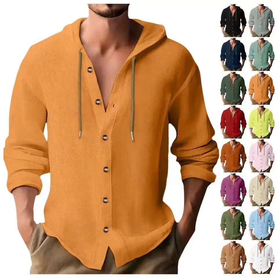 

Летняя мужская хлопково-льняная рубашка, однотонная уличная толстовка с длинными рукавами, одежда для мужчин, топы на пуговицах, повседневная свободная мужская рубашка с капюшоном