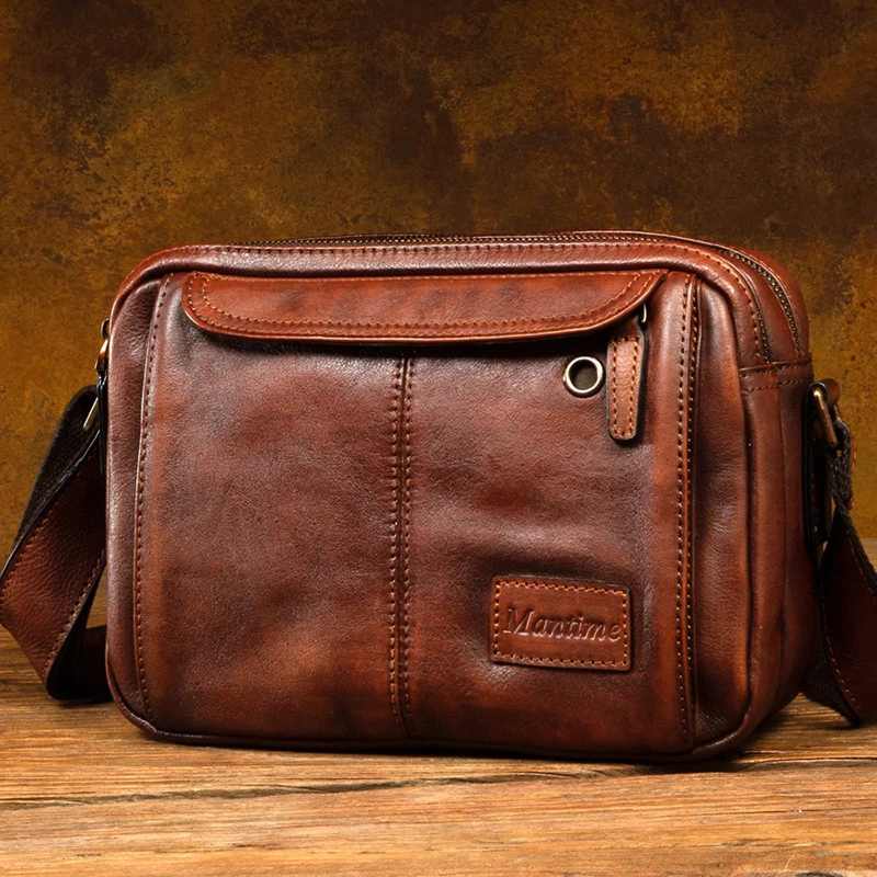 Retro genuine leather crossbody bag for men vegetable tanned cowhide single shoulder bag for casual commuting postman bag.