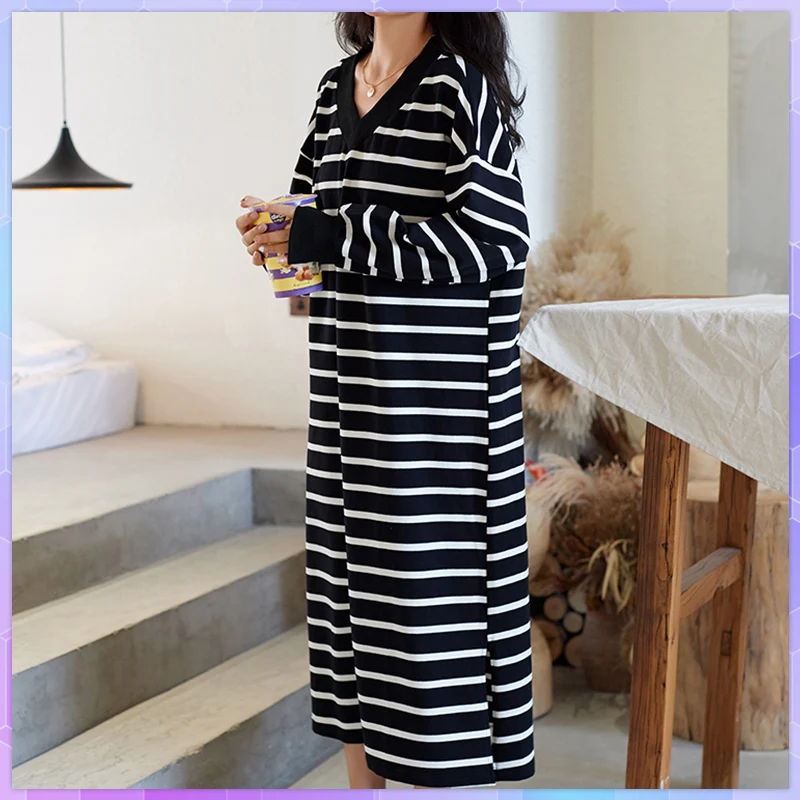 

Spring Autumn Cotton Sleepwear Striped Nightgowns Ladies Sexy Big Size Women's Long Sleeve Nightdress Casual Plus Size Homewear