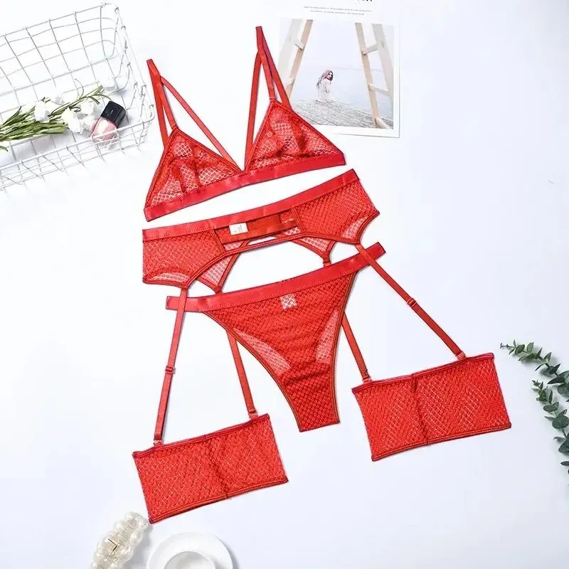 女性のセクシーなランジェリー下着 Sexo シアーレースブラジャー + ガーターベルト + G ストリング Tバックセクシーなランジェリーエロホットブラジャーブリーフコスプレセット