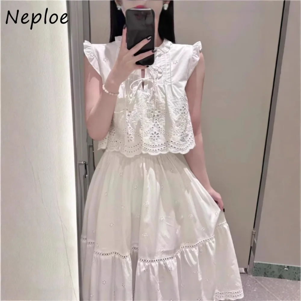 

Neploe Sweet Hollow Out Embroidery Lace Up Set Shirt A-line Moda Ball Gown Faldas Japan French Style Big Swing Suits Vestidos