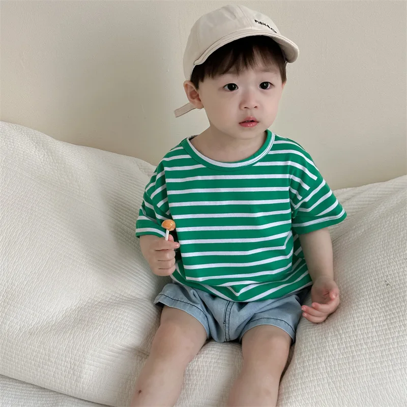 T-Shirts Childrens Baby Summer Two Pieces Summer Baby Clothes Korean Clothing Cowboy Shorts 2024 Round Collar Simple