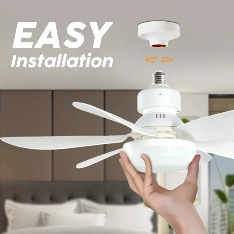 

Socket Fan Light with Lights and Remote 3-Colors Dimmable E27 Bulb Ceiling Fan for Bedroom Home Office Dining Room Garage
