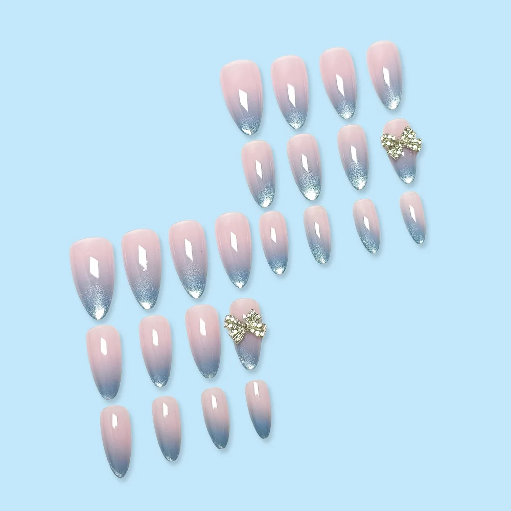 24枚入り シンプルプレスオンネイル グルー付き 3Dボウ付き付け爪 ロングフレンチラインストーンネイルチップ 女の子用人工爪 粘着式