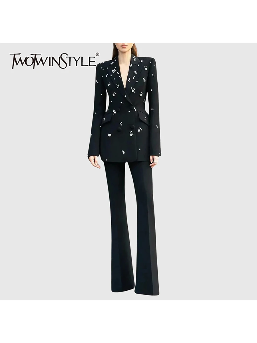 

TWOTWINSTYLE однотонные темпераментные комплекты из двух предметов для женщин, туника с длинными рукавами и лацканами, блейзер из бисера, женский комплект брюк с высокой талией