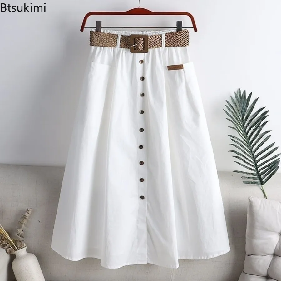 2024 Women's Spring Summer Casual Skirts Solid A-Line Button Folds Sashes Skirts Female High Waist  All-match Skirts for Girls