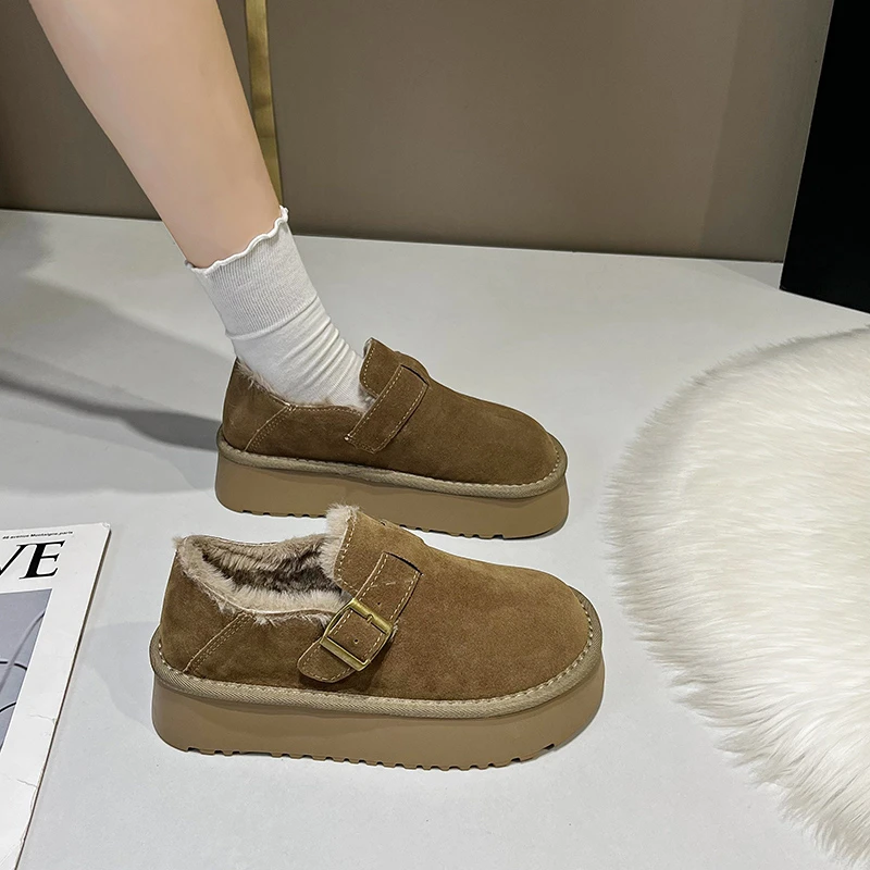 2024 Women's Winter New Round Head Matte Leather Surface Thick Bottom with Velvet Warm and Comfortable Cotton Shoes for Women