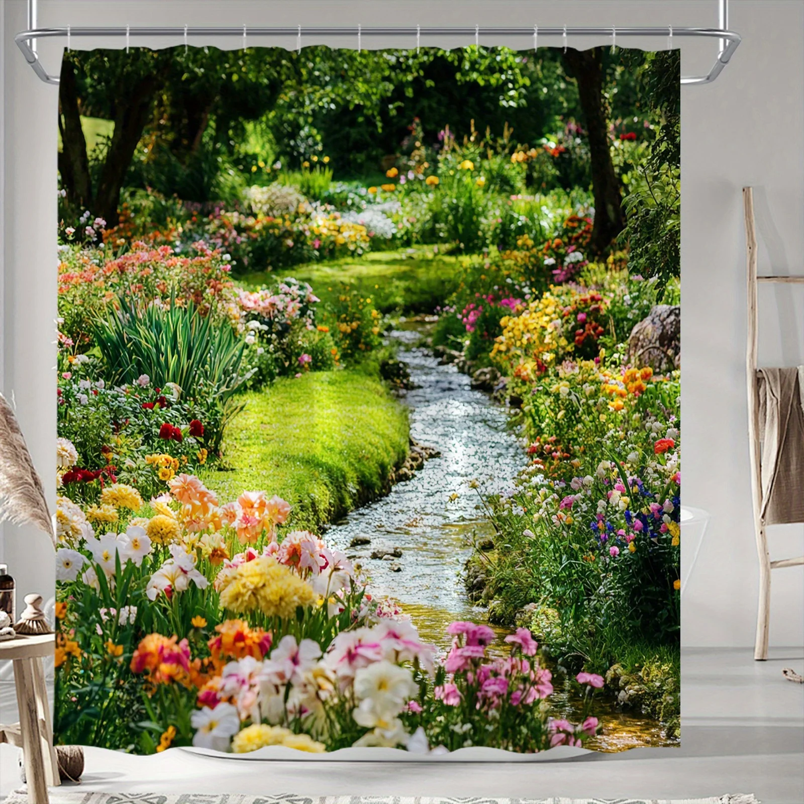 Lush Garden Stream Shower Curtain - Tranquil Nature Scene with Colorful Flowers, Polyester Woven,Machine Washable,Bathroom Decor