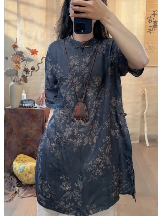 

Женский топ средней длины в стиле ретро с этническим принтом, свободный крой, повседневный топ с воротником-стойкой f Sve, большой размер, женский топ для чайной церемонии