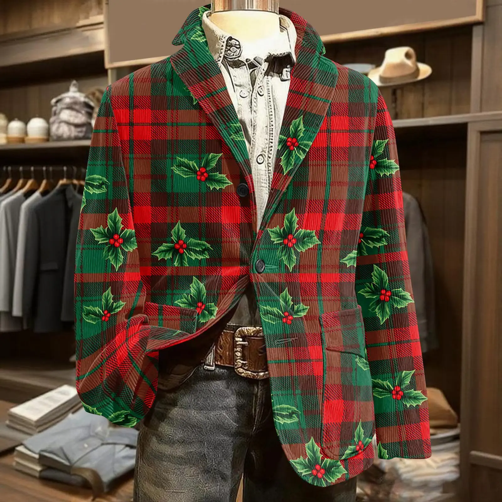 

Blazer Men Christmas Plaid Holly Print Corduroy Casual Jacket Fashion-Forward Men's Apparel Trendy Stylish Leisure Blazer