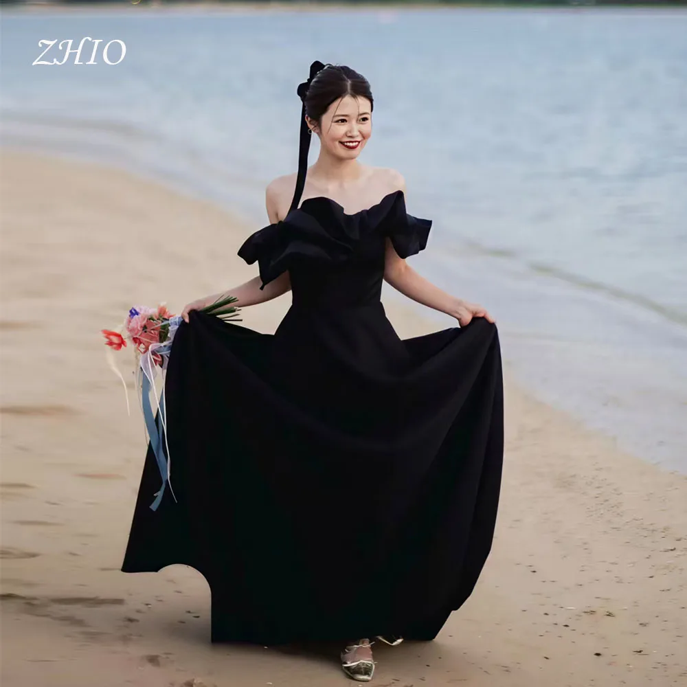 ZHIO Sweet Black Wedding Party Dress Off Shoulder Satin A-Line Korea Photo Shoot Bridal Reception Gown Customized 웨딩드레스