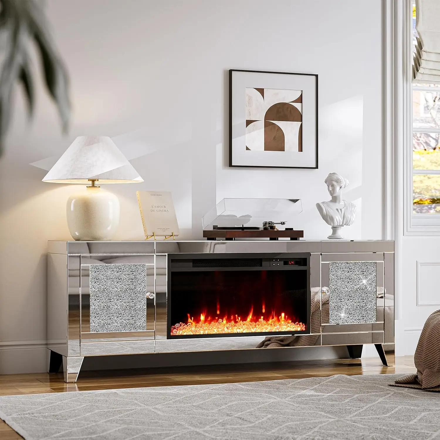Mirrored Fireplace TV Stand for 65+ inch TV, LED Light Entertainment Center for Living Room & Bedroom, Customized