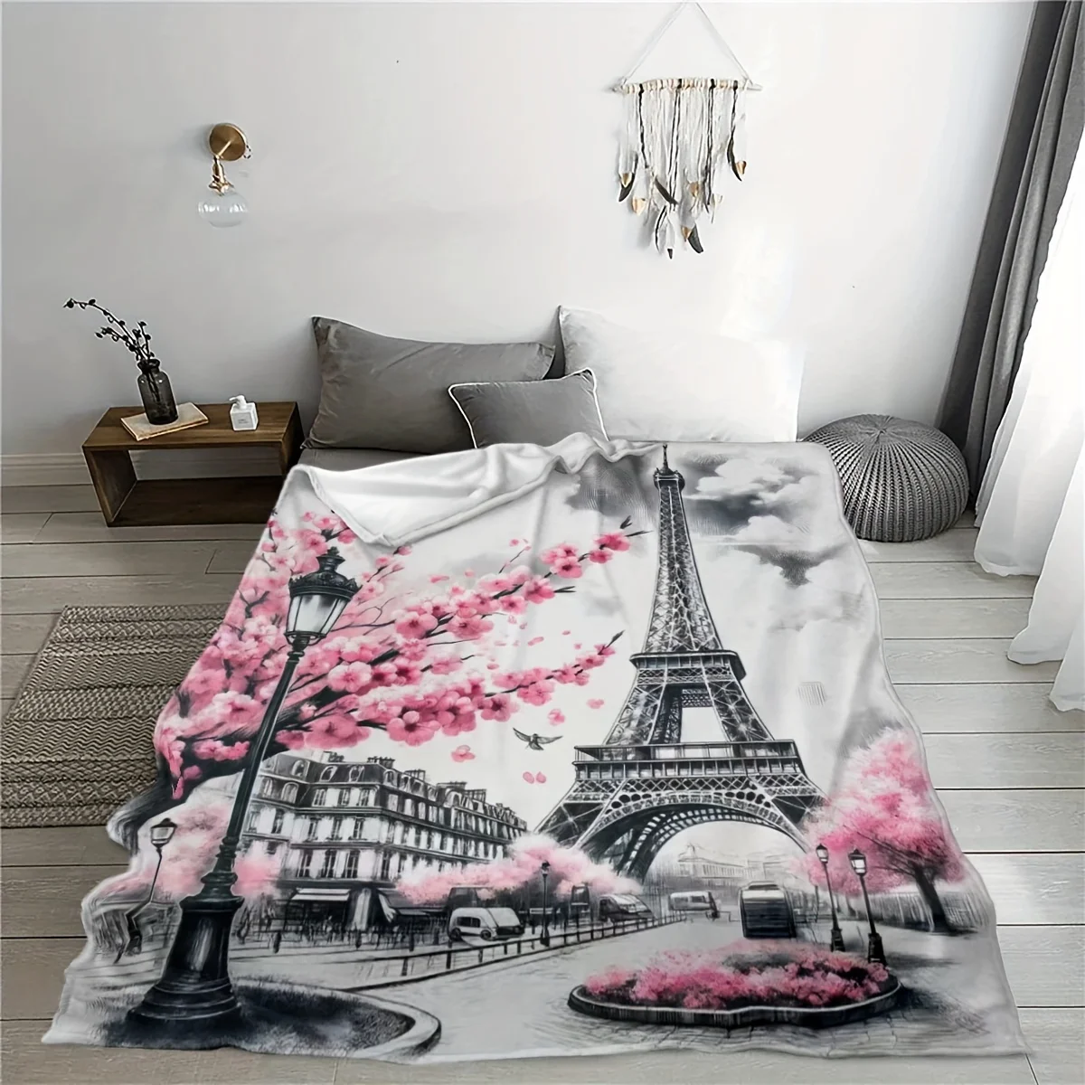 Paris Eiffel Tower Cherry Blossom Flannel Throw Blanket, Sketch Street Pink Flower Print Soft Blanket for Kids Bedroom Sofa Cozy