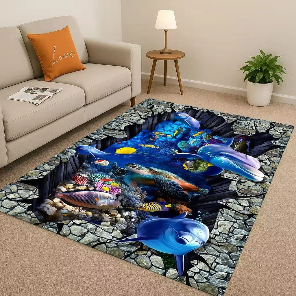 New 3D Illusion Underwater World Breaking Wall Living Room Non-Slip Area Rug Carpet for Bedroom Playroom Sofa,Home Decor Doormat