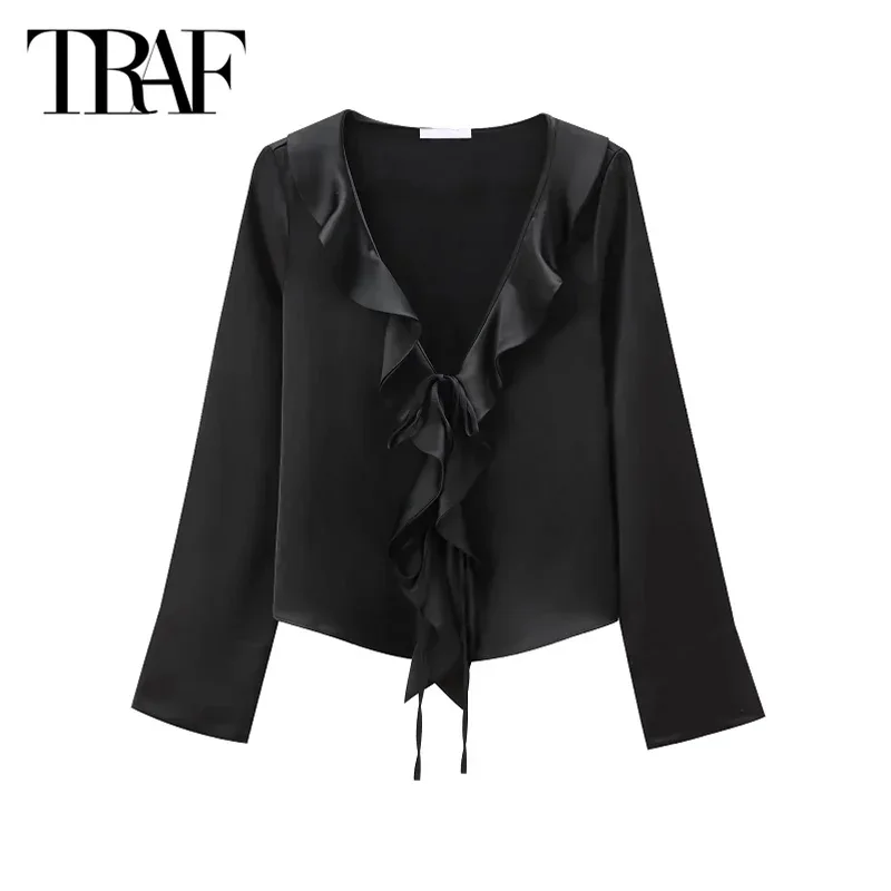 TRAF Women Black Shirts&Blouses Butterfly Lace-Up Shirt 2024 Spring Autumn Long Sleeve Ladies Fashion Casual Elegant Ruffled Top