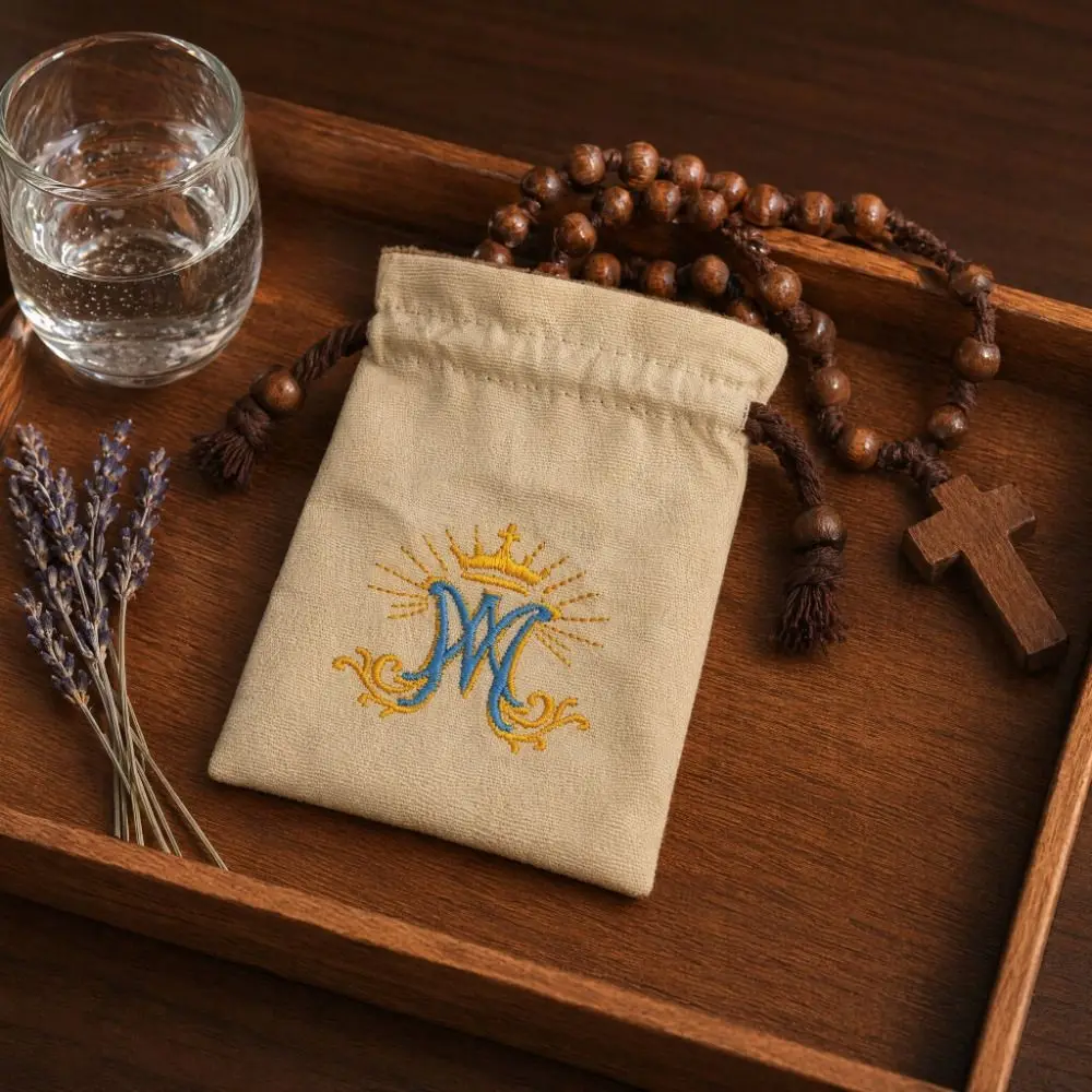 Ave Maria Monogram Catholic Rosary Drawstring Pouch Cotton Canvas Reusable Prayer Beads Storage Bag Soft Lined Durable