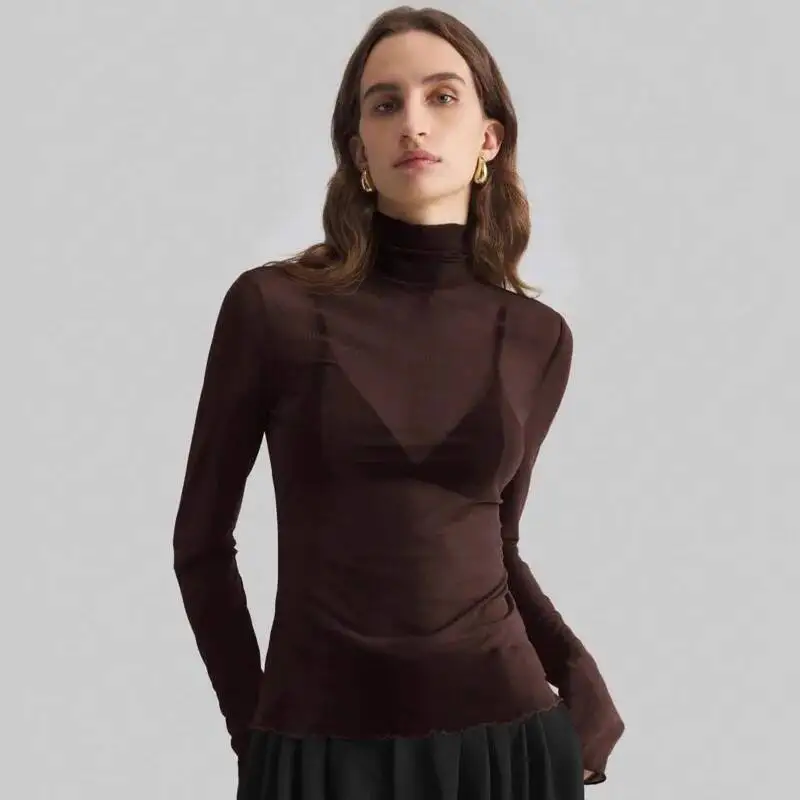 Long Sleeve Sexy Spring Summer Stand Collar Solid Color Mesh Slim Fit Long Sleeve Ladies Elegant Commuter Slimming Bottom Tops