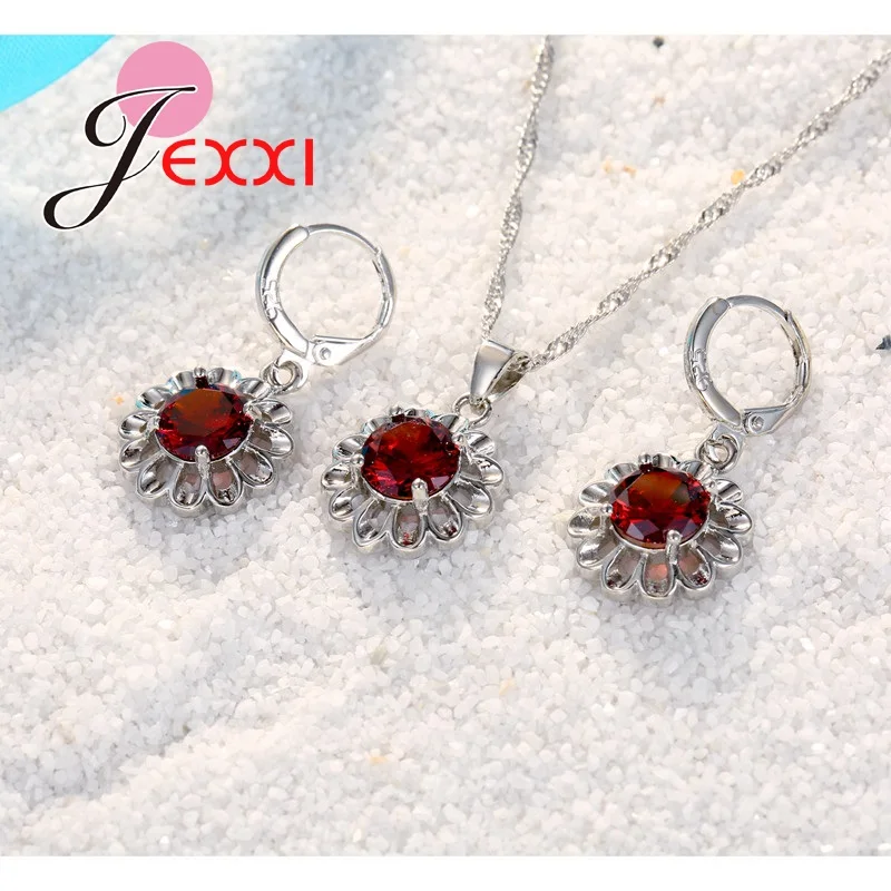 925 Sterling Silver Sun Flower Jewelry Set Cubic Zircon Crystal Pendant Necklace Dangle Earrings Sets For Women Bijoux