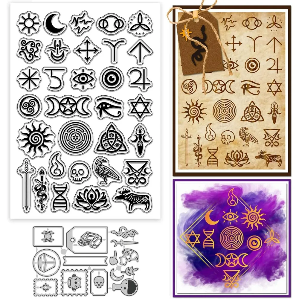 

Witchcraft Symbol Clear Stamp and Transparent Stamps Label Frames Metal Die Cuts for Halloween DIY Scrapbooking Photo Album