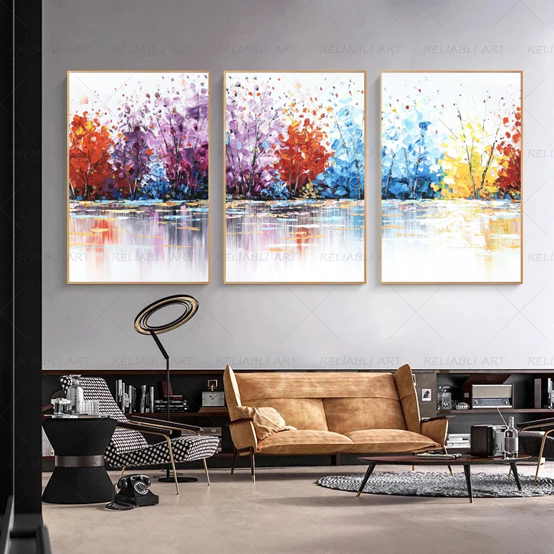 3 Panels Abstract Colorful Oil Painting Printed on Canvas Modern Home Decor Wall Art Pictures for Living Room Tree Cuadros