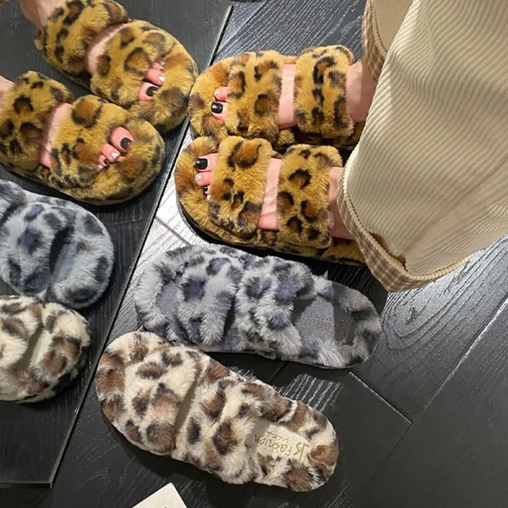 

Милые плюшевые тапочки с леопардовым принтом на толстой подошве, теплые меховые тапочки из ПВХ, нескользящие домашние и уличные леопардовые тапочки Y2k, домашние