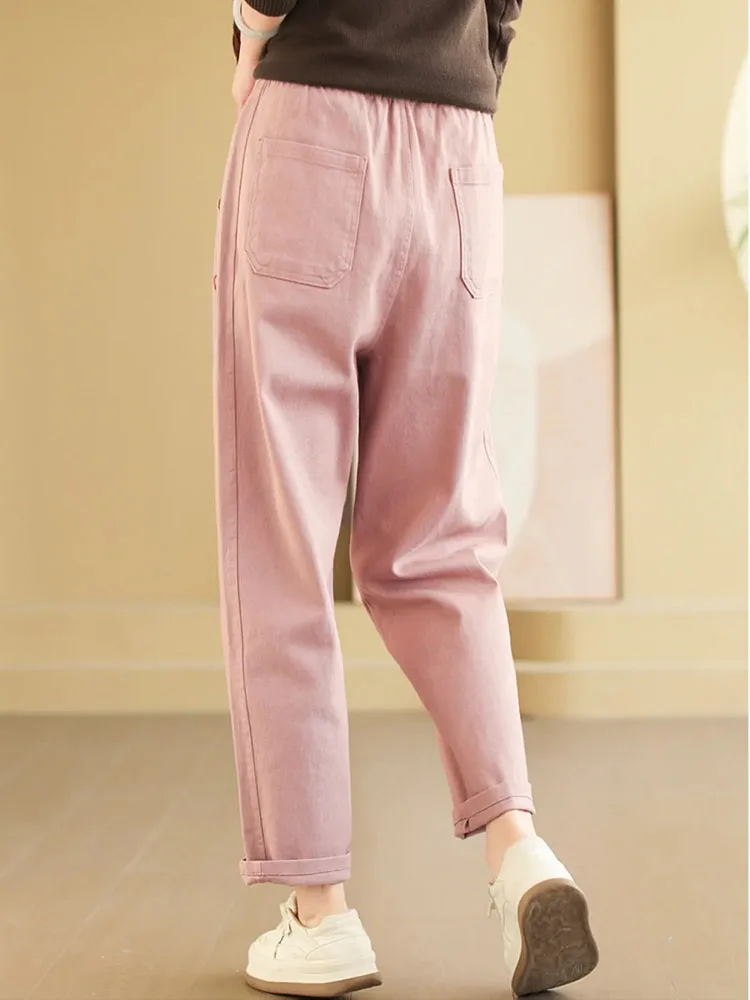 Calça feminina elástica de cintura alta, calça folgada casual, comprimento do tornozelo, rosa, solta, chique, primavera, outono