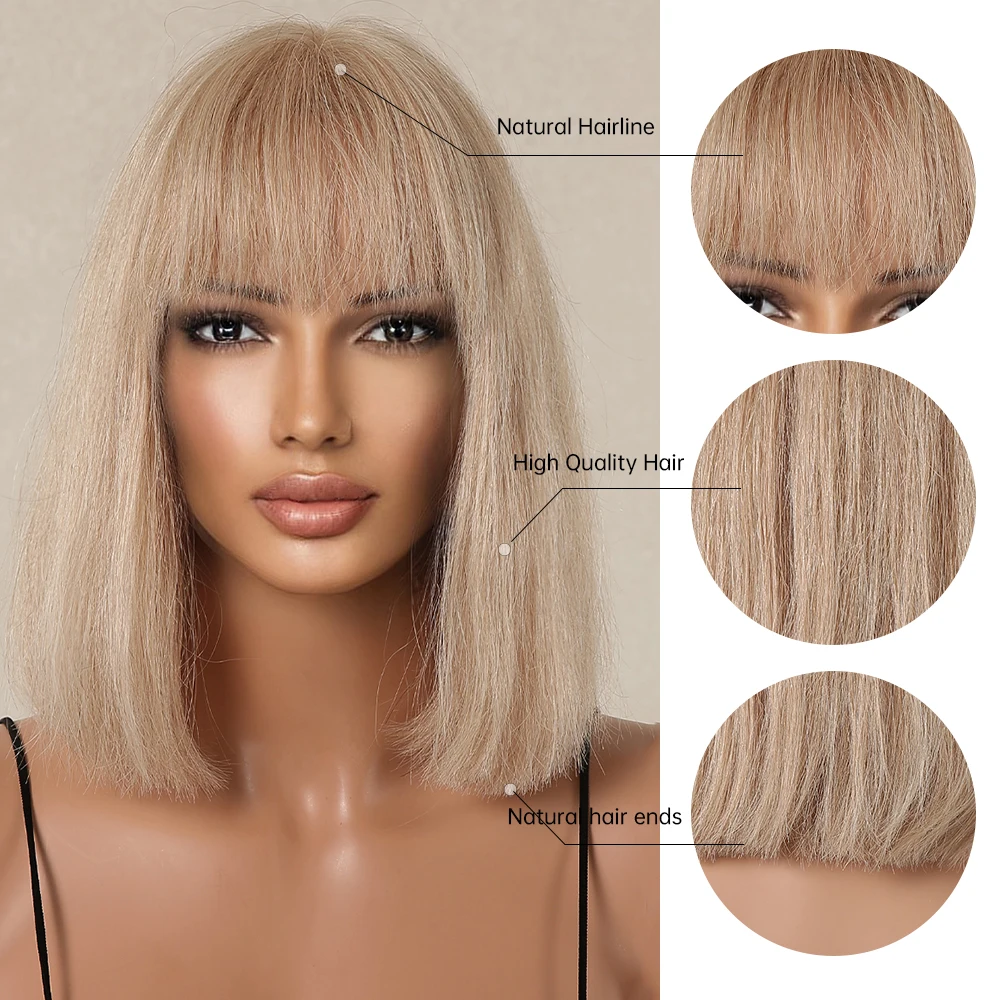 100% Remy Human Hair Honey Blonde Short Straight Bob Wigs with Bangs Human Hair Wig Machine Made 10inches Wig for Women Daiy Use