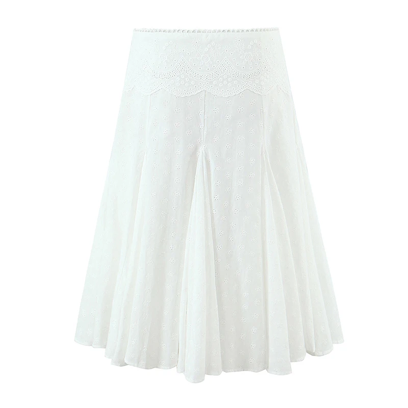 French Elegant White Skirt For Women Low Waist A-line Knee Length Floral Embroidery Summer Skirts