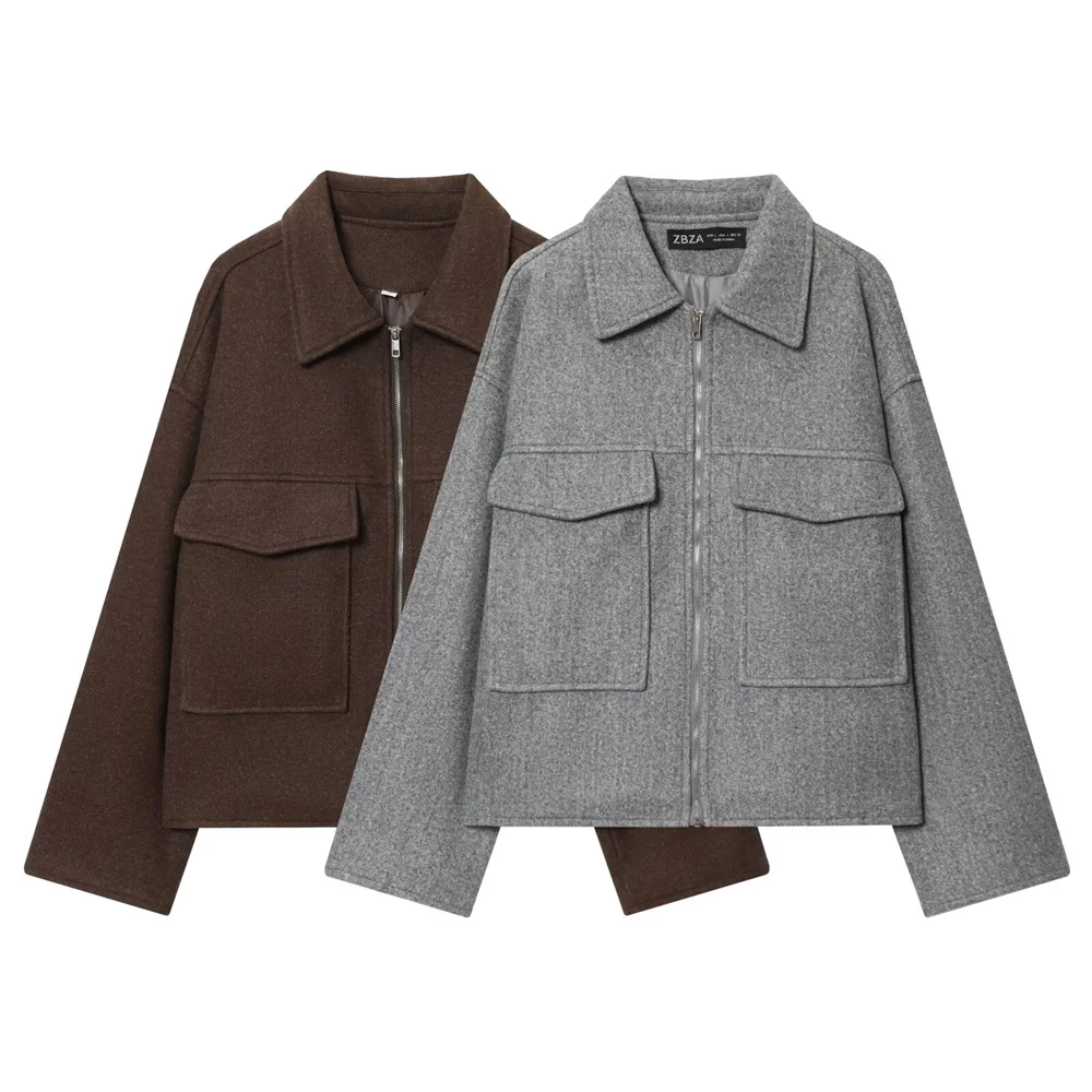 معطف صوفي نسائي جديد للخريف والشتاء على الطراز الأوروبي والأمريكي متعدد الاستخدامات فضفاض بلونين وجيب كبير وسحاب #1