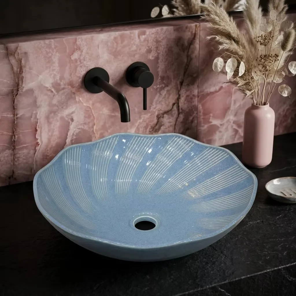 R*# Luxury Modern Sky Blue Flower-Shaped Ceramic Eco-Friendly Art Basin for Bathroom & Hotel Use