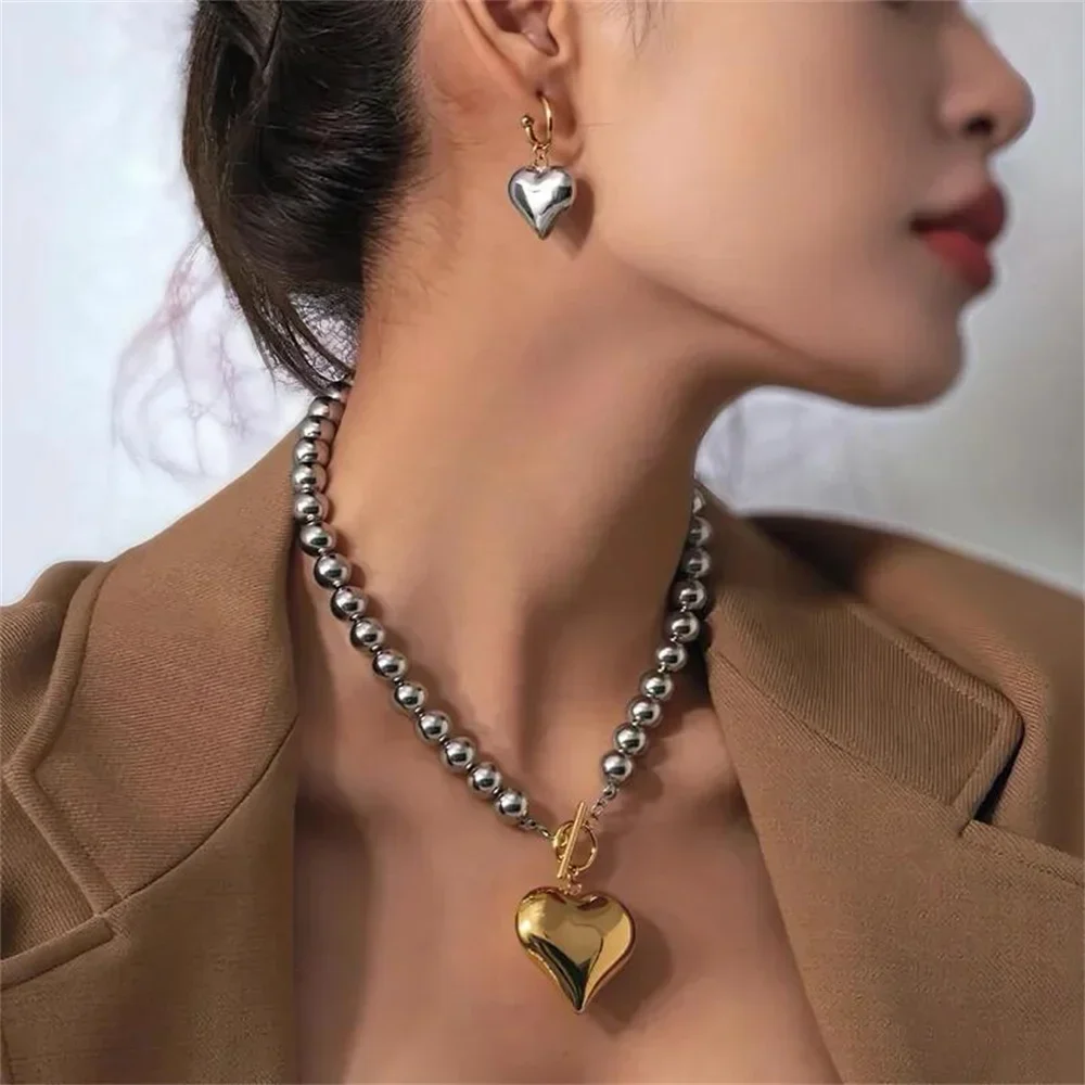 Vintage Punk Hiphop Verzilverde Metalen Kraal Dikke Ketting Voor Vrouwen Vrouwelijke Mode Hartvormige Hanger Sieraden Cadeau
