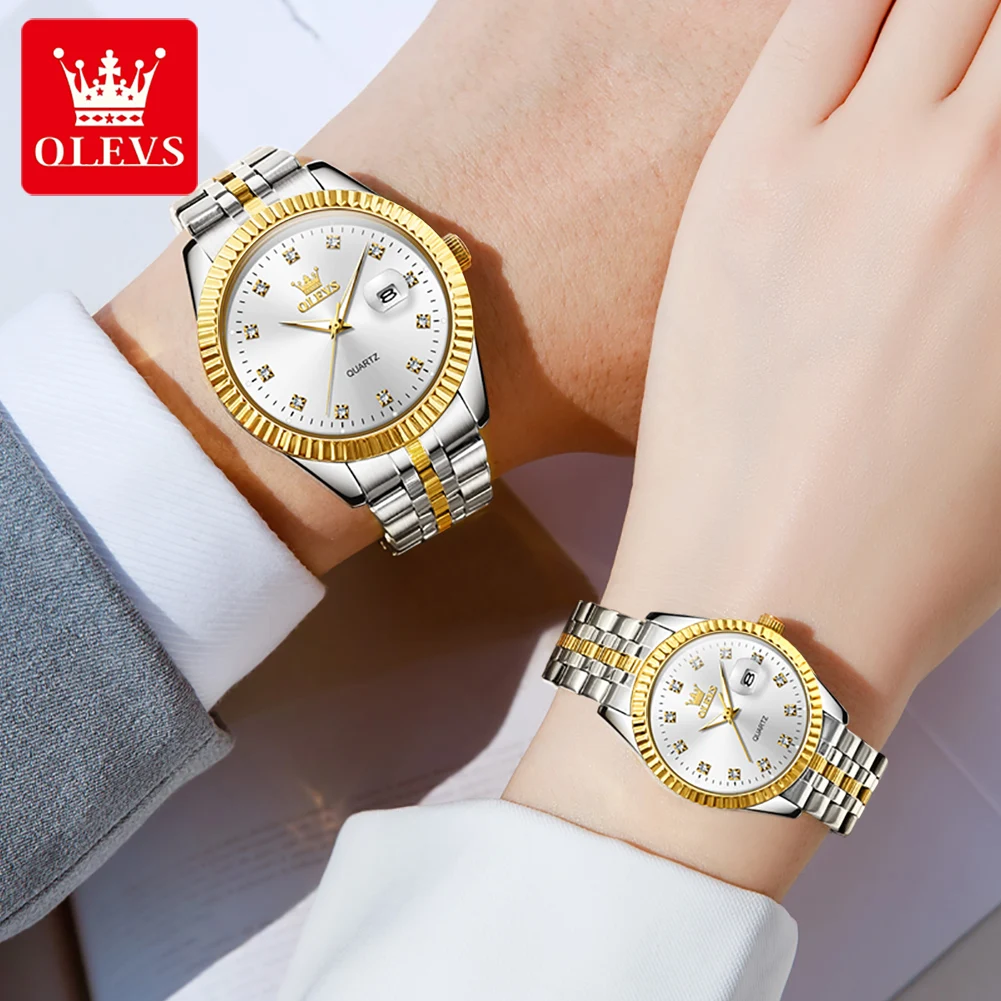 Olevs original gold quarzuhr paare edelstahl wasserdicht leuchtende männer armbanduhr luxusmarke sein oder ihr uhrenset