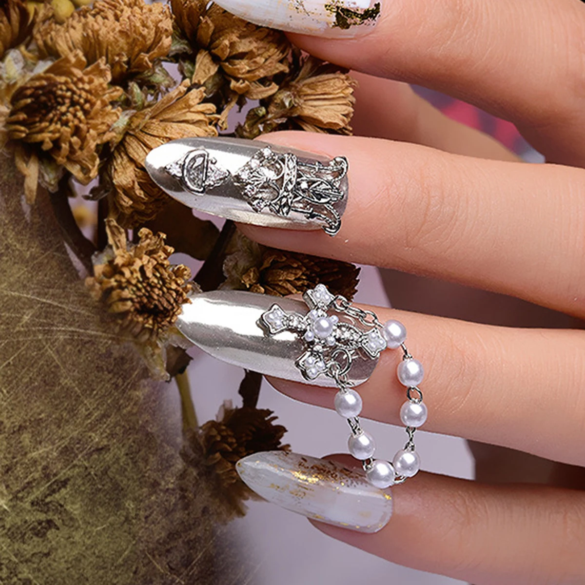 2 pcs Court wind Cross Pearl Pendant Nail patch Light luxury micro set diamond Zircon Pearl nail decoration nail accessories