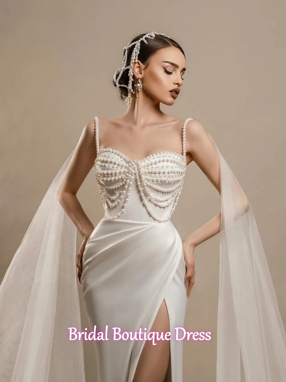 تخصيص فاخر مطرز اللؤلؤ الحبيب مثير حورية البحر فساتين الزفاف السباغيتي الأشرطة الجبهة سبليت فساتين أنيقة Vestidos De No #2