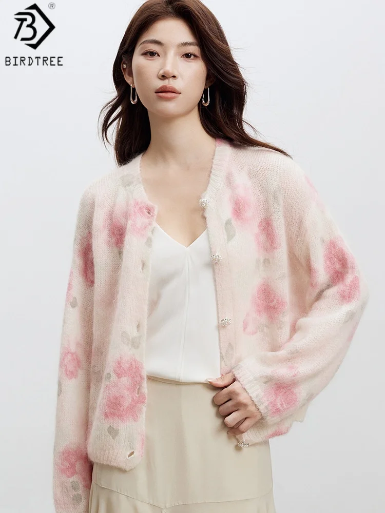 

Birdtree 26.6% Sheep Wool 30.5% Mohair Cardigan,Woman Rose Print Full Sleeve Soft Single Breasted Autumn Knit Coat T58719JF