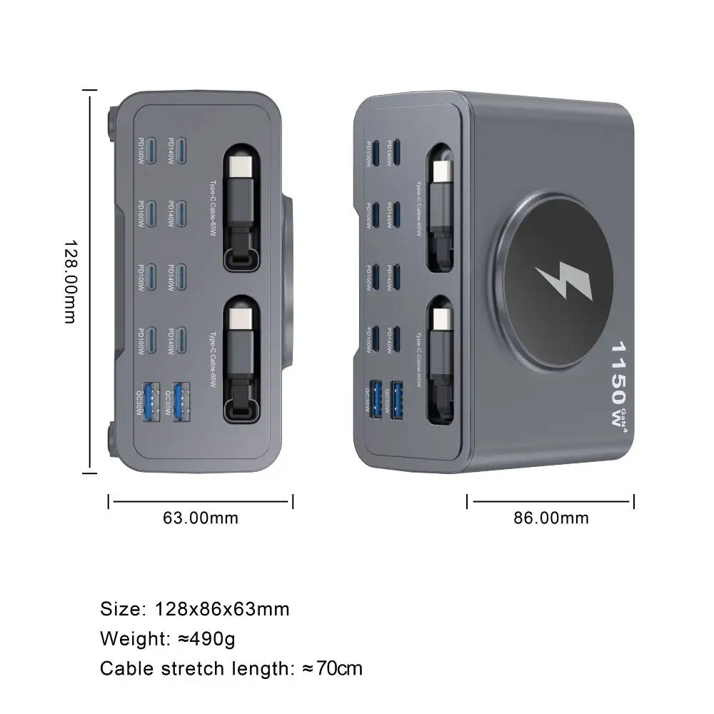 1150W Desktop Multi-Port Charging Station Fast Charger with Magnetic Wireless Pad for Multiple Devices - Laptop & Phone Charger
