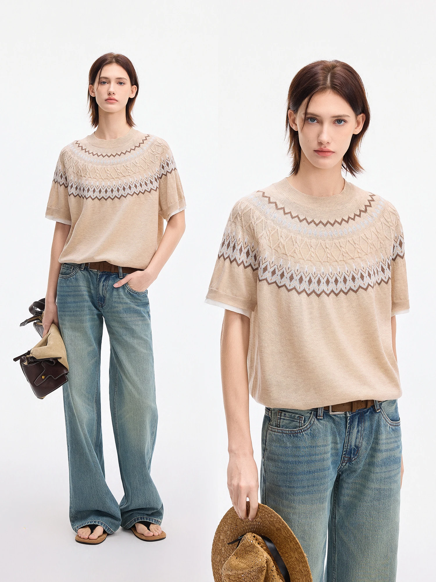 

CHOR Lazy Summer Women's Short Sleeve Knitted round Neck T-Shirt Casual Style Shoulder Insertion Comfortable Fit Fashion Top