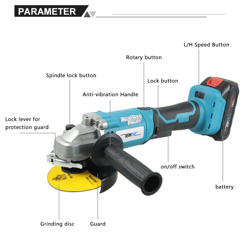 NEWONE 18V 125mm Lithium Angle Grinder Brushless Motor, 3 Speeds: 3500/6000/9000 rpm, Rotary Handle, Grinding and Cutting Machin