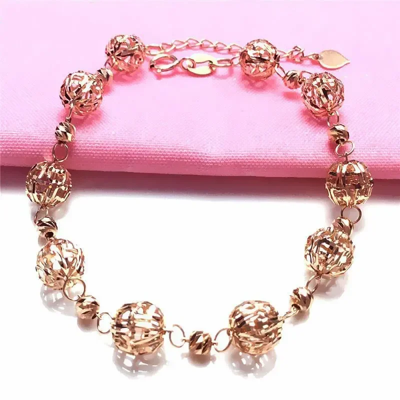 585 Purple Gold Plated 14k Rose Gold Hollow Out Shiny Round Beads Bracelets for Women Charm Fashion Exquisite Party Jewelry