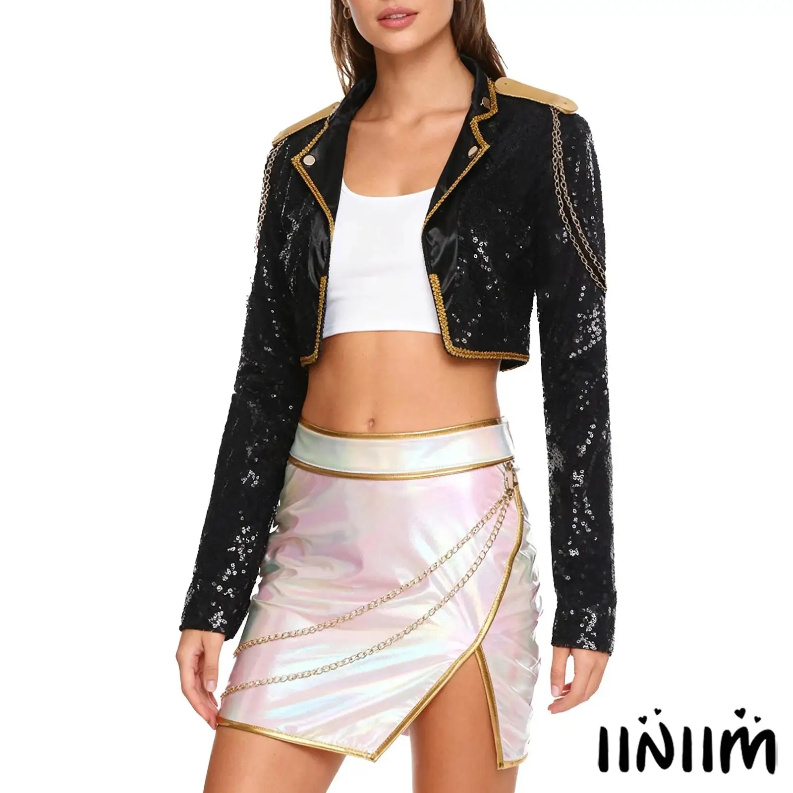 

Womens Kpop Singer Outfit Metal Chain Decor Gold Webbing Trim Open Front Cardigan Cropped Jackets with Irregular Miniskirt
