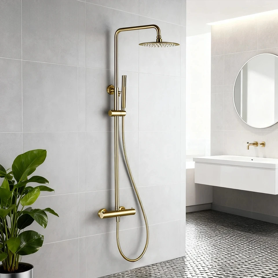 

Brushed Gold Thermostatic Shower Faucets Sets Wall Mount Bathroom Mixer Rainshower Faucet Rainfall