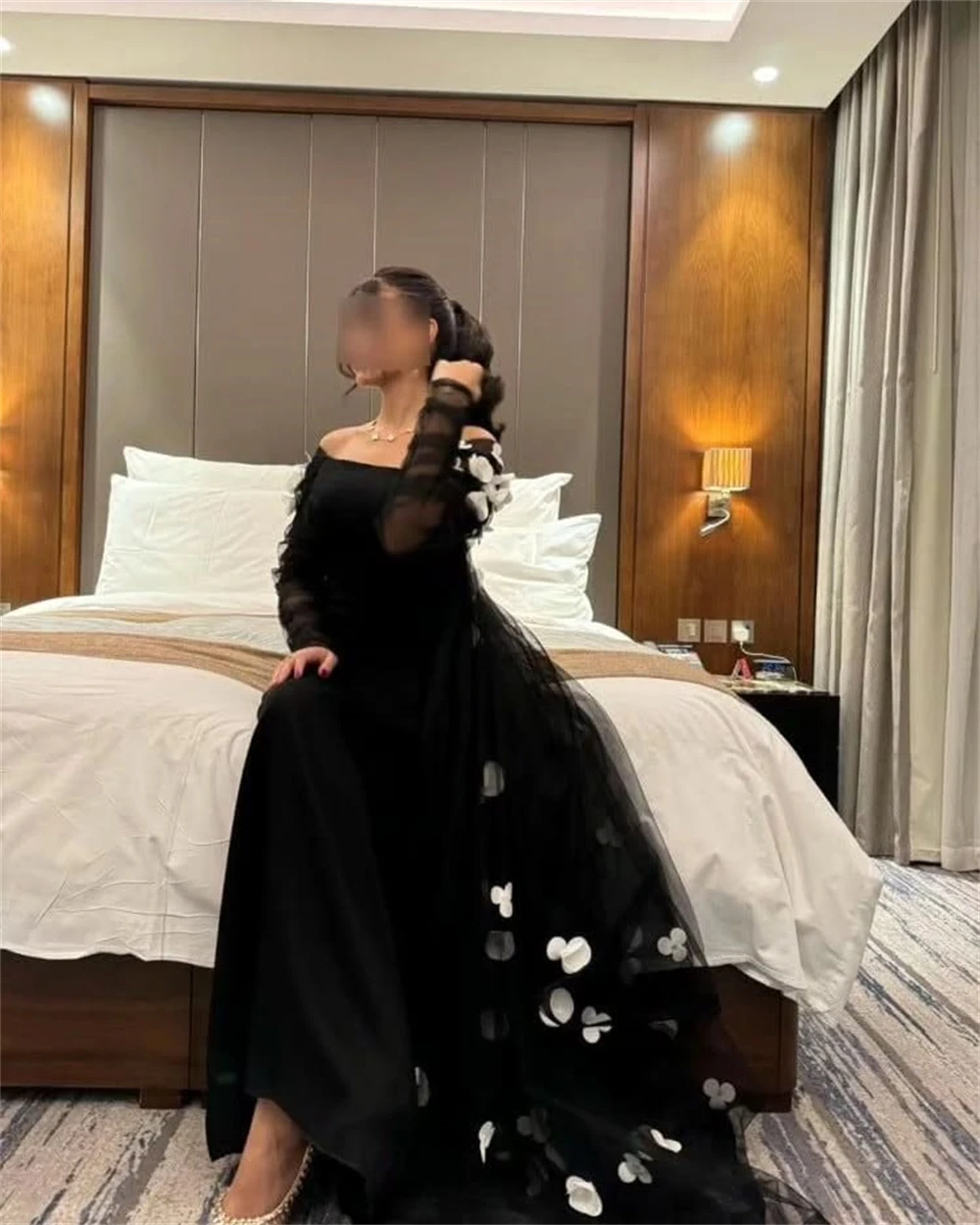 Customized Evening Dress Classic Black Jersey Strapless Off the Shoulder Long Sleeves Watteau Train Appliques Ruched Prom Gowns