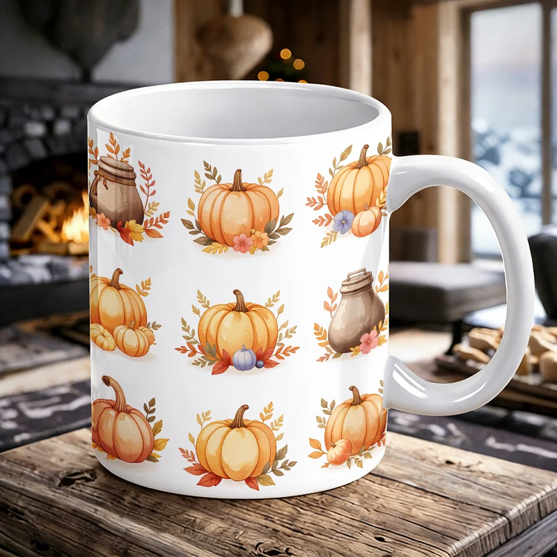 

11 oz pumpkin ceramic mug with handle, fully printed design coffee cup, insulated milk cup, water cup for office, fade-resistant