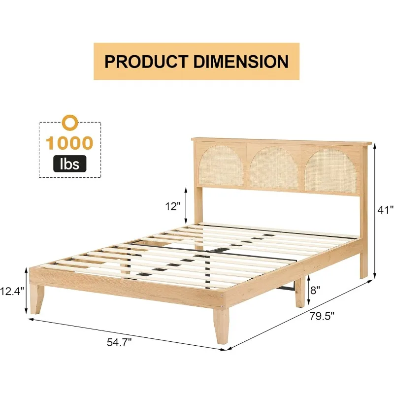 Full Bed Frame with Rattan Headboard - Full Size Bed Frame with LED Lights, Boho Platform Bed Frame Full Size with Wooden