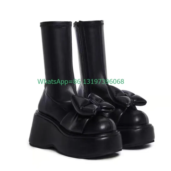 Lady Gothic Black Bowtie Design Platform Boots Y2K Mary Janes Footwear Boots Running Runway Boots New Arrive Punk Shoes Size 46