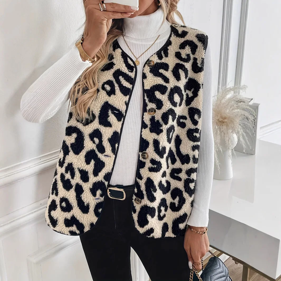 

New Autumn And Winter Casual Sleeveless O-neck Single-breasted Leopard Print Loose Women's Fashionable Vest Women's Jacket