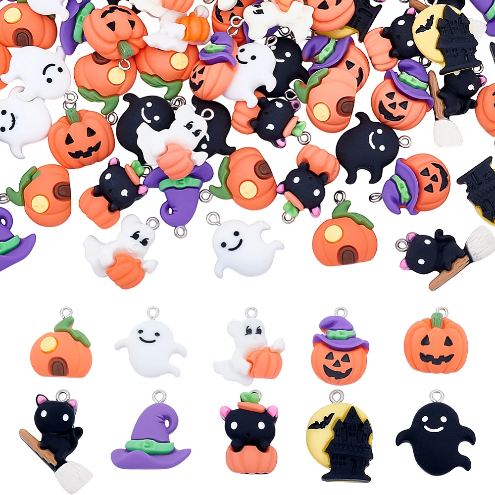 80Pcs 10 Styles Halloween Charms Resin Jewelry Making Charms 3D Cartoon Bracelet Charm Pumpkin Ghost Pendant