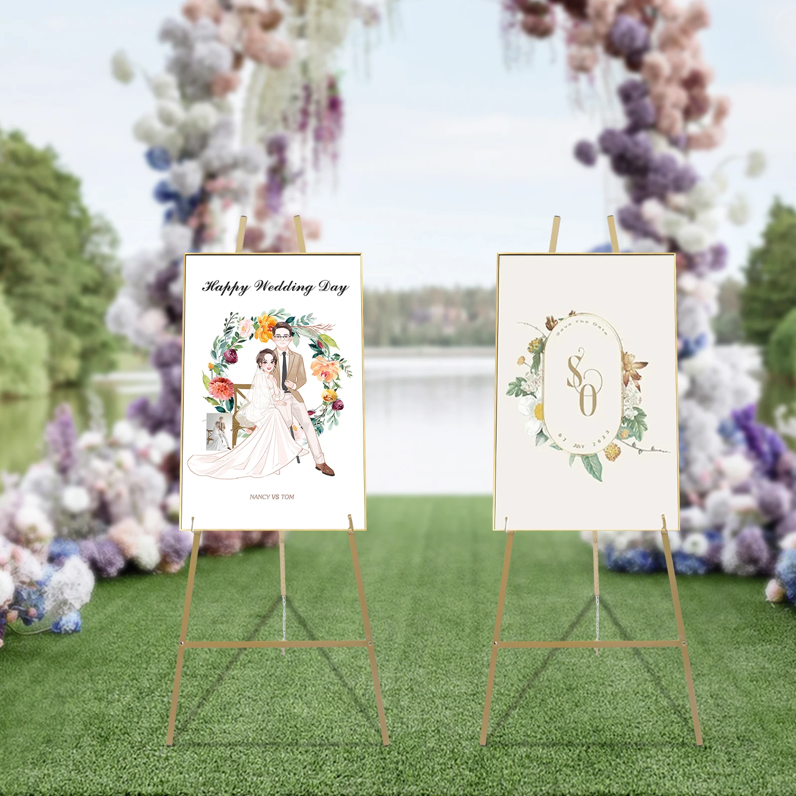 2pcs Gold Wedding Easel Stand Metal Adjustable Height Tripod Poster Board Display Collapse Artist Decorations view 3