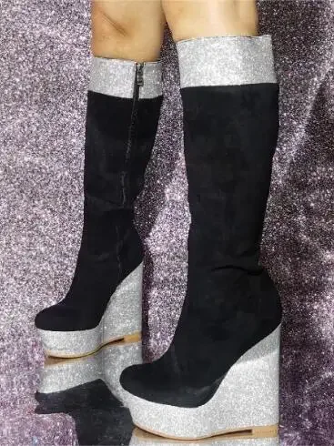 Sliver Glitter Black Suede Patchwork Thick Sole Platform Wedges Knee High Boots Lady Zipper Side Outdoor Leisure Long Botas Shoe